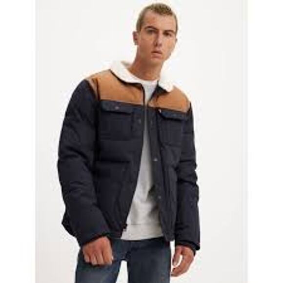 Levi's Woodsman Jacket Mens Size XL Navy Brown Puffer Quilted Sherpa Winter Fall - Picture 1 of 13